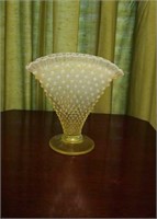 Fenton hobnail iridescent yellow & green fan vase
