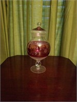 Maroon and clear Bohemian glass dish with lid