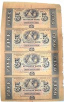 1850's Citizens Bank $5.00 Uncut Sheet.