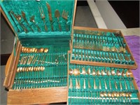 Large Brass Flatware Set in wood case