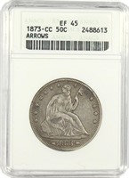 Rare 1873-CC Seated Half Dollar.
