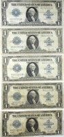 Five 1923 $1.00 Silver Certificates.