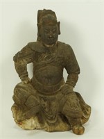 19th CENTURY WOOD CARVED SEATED CHINESE  WARRIOR