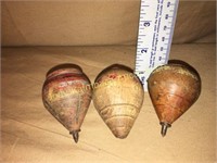 3 antique wooden spin top toys