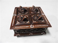 Shell Inlaid Carved Box, 7.5" x 7.5" x 4"