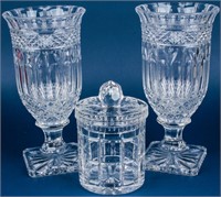 Pair Large Cut Glass Vases and Jar