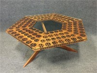 Uniquely Carved Wood Round Glass Top Coffee Table
