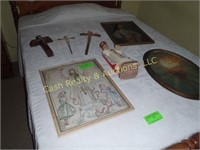 LOT OF RELIGIOUS ITEMS ON BED