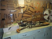 LOT OF OLD TOOLS IN AND ON WORK BENCH