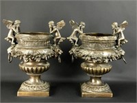 Pair of Bronze Angels Urns with Lion Rings (2)