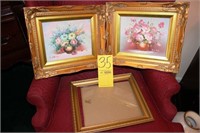 two signed framed oil prints; floral