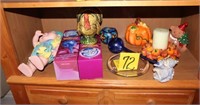 misc. fall decorations; 3 aqua globes; troll doll