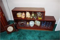 Shelf and contents including brass figurines