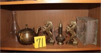 teapot; brass unicorn bookends; genie lamps