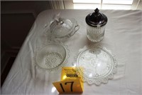covered butter dish; sugar server with silver top
