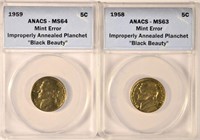Pair Of 1958 & 1959 "Black Beauty" Error Nickels.