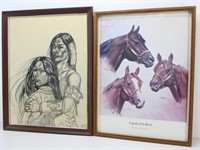 Western Framed Horse Print & Indian Sketch