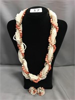 Coral & Pearl Twisted Necklace w/Clip on Earrings