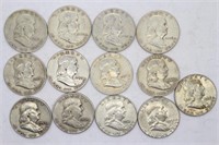 13- Franklin 90% Silver Half Dollars $6.50 Face