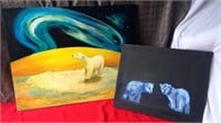Set of two oil on canvas polar bear paintings
