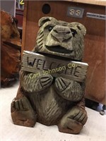 REDWOOD CARVED WELCOME BEAR W/ GLASS EYES