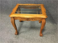 Carved Oak End Table w/Divided Glass Top