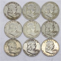 (9) Franklin 90% Silver Half Dollars $4.50 Face