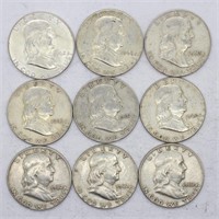 9 1962 Franklin 90% Silver Half Dollars $4.50 Face