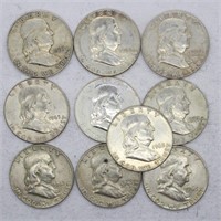 10- 1963 Franklin 90% Silver Half Dollars -$5 Face