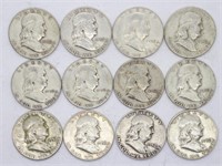 (12) 1952 Franklin 90% Silver Half Dollars $6 Face
