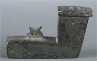 Pewter inlay pipe with heart and owl motif.