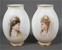 Pr Victorian Bristol Glass Portrait Vases Signed