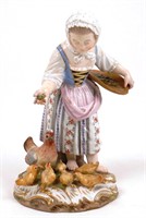 Antique Meissen Figurine Girl with Hen & Chicks