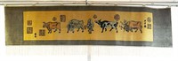 Chinese Signed Silk Tapestry of Oxen 80" Hanging