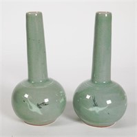 Pair Vintage Signed Chinese Celadon Bottle Vases
