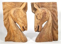 Pair Large Hand Carved Wooden Warrior Horse Heads