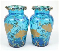 Pair Victorian Blue Art Glass Enameled Vases