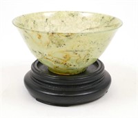 Chinese Celadon Carved Jade Bowl w/Wood Stand