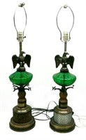 (2) Green Glass Eagle Lamps 32.5" Tall