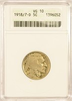Rare 1918/7-D Overdate Buffalo Nickel.