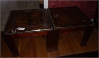 Lot #29 Pair of Oak finish end tables and glass