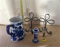 Blue pitcher, candle holder and pair of sconces