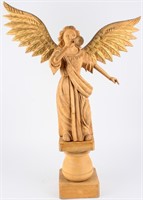 Vintage Rustic Carved Wood Angel with Trumpet