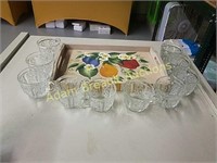 10 decorative glass punch cups and tray