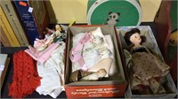 Four vintage dolls, mini suitcase , doll cloths,