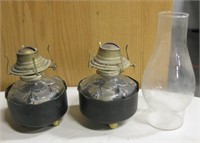 2 Oil Lamps w/ Metal Base Inserts & 1 Chimney