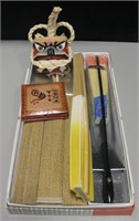 JAPANESE Lot -Wood Dog, Fans, Leather Coin Purse