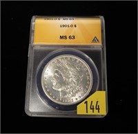 1901-O Morgan dollar, ANACS slab certified: MS-63