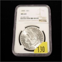 1885 Morgan dollar, NGC slab certified: MS-64