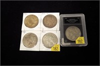 5- Peace dollars, assorted dates 1922-1925, one